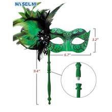 2025 New Masquerade Mask For Women With Stick - Shiny Women's Feather Mardi Gras Venetian Mask For Costume Accessory - 黑綠 - 查看 3