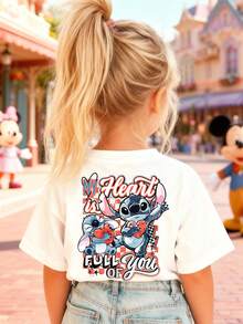 Disney Girls' T-Shirt, Creative Stitch Alphabet Heart Cartoon Double-Sided Print, Summer Girls' Cotton Crew Neck Short Sleeve, Suitable For Everyday Wear, Holidays, Outdoor Activities, And As A Gift For Children. - trắng - Xem 3