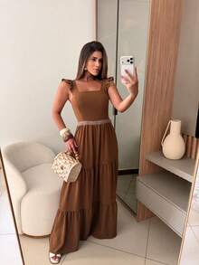 Long Dress With Lace Detail At The Waist, Duna Fabric. - Rust Brown - View 3