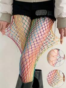 女士渔网袜 - 弹力菱形网眼连裤袜，适合舞蹈、主题派对和日常穿着 - 彩色 - 查看 2