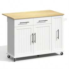 Kitchen Island With Drop-Down Front, Serving Cart With 3-Tier Pull-Out Organizer, Internal Storage Shelf, Rolling Trolley With Towel Rail And 2 Drawers For The Dining Room, White - 白色 - 查看 5