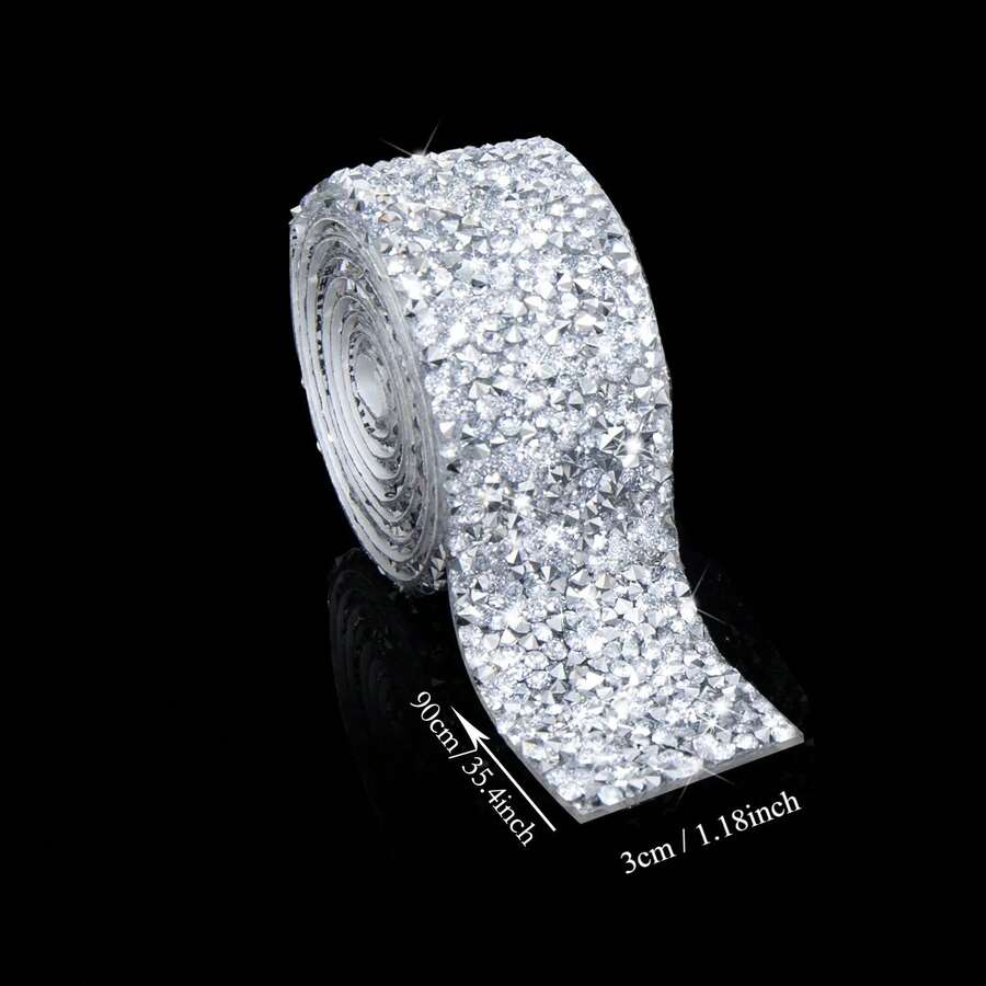 1 Roll DIY Self-Adhesive Rhinestone Tape, Silver Resin Rhinestone Strips, Diamond Crystal Rhinestone Tape Sticker, Shiny Rhinestones, Suitable For Crafts, Fabrics, Cars, Clothing, Bottles, Cakes, Phones, Birthdays, Wedding Decorations (Silver) - Silver - View 1