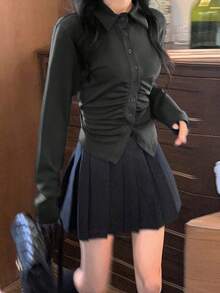 Women's Long Sleeve Ruched Design Casual Cardigan Top - Dark Grey - View 6