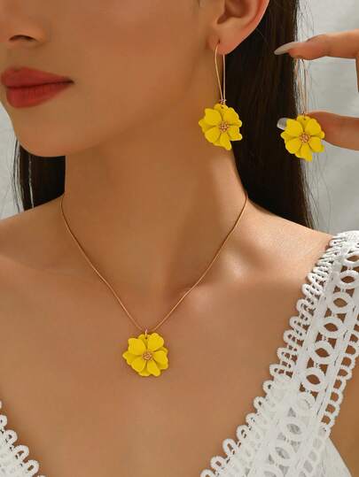3件套波西米亚风哑光树脂花朵吊坠首饰套装，时尚简约优雅多色花卉项链耳环套装，适合女性日常、约会、海滩、度假、派对等场合佩戴。
