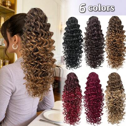 Claw Shaped Ponytail Extension Hair Accessory Black Brown Burgundy Gradient Brown Gradient Burgundy 20 Inch Long Wave Heat-Resistant Fiber Synthetic Ponytail Wig, Suitable For Women's Christmas, Halloween Music Festival Parties And Daily Use
