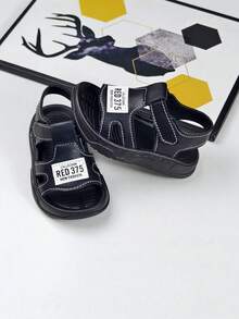 1 Pair Children's PU Open Toe Hook And Loop Flat Korean Style Handmade Sandals, Summer Baby Beach Shoes - Black - View 2