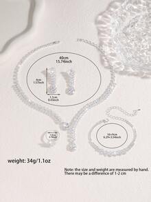 5件套奢华水钻几何项链、耳环、手链、戒指首饰套装，优雅时尚，适合婚礼、派对、日常通勤等场合。 - 銀色 - 查看 5