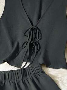 Set de 2 piezas de conjunto informal de mujer de unicolor con nudo, elegante para primavera/verano - Negro - Ver 3