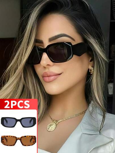 2 pares de gafas de moda con marco grande de polígono geométrico retro personalizadas para mujeres, marco grande asimétrico versátil adecuado para viajes, vacaciones, accesorios de playa
