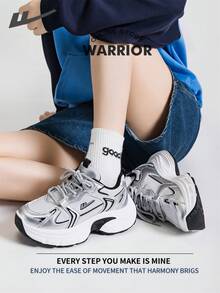 女款 Warrior 时尚复古运动鞋，春夏轻便舒适透气，跑步鞋风格简约休闲，时尚百搭，四季皆宜，耐磨耐穿，适合全天穿着，训练运动鞋，小白鞋 - Full PU Leather Upper銀灰/黑 - 查看 6