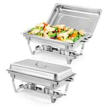 Juego de 2 platos para bufé, juego de 2 chafers de acero inoxidable de 8 cuartos y calentadores de buffet con tapa, platos rectangulares para fiestas, servir alimentos para banquetes de boda - Plateado - Ver 1