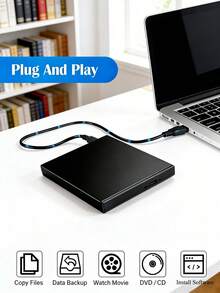 超薄便携式 USB 2.0 外置 DVD 刻录机/读写器 | 即插即用，无需驱动程序 | 适用于笔记本电脑、台式机、平板电脑、智能手机的紧凑型 CD/DVD 光驱 | 外置 CD 光驱，可用于笔记本电脑数据备份、电影播放和游戏 | 时尚黑色光驱，带电源线，兼容 Windows 系统