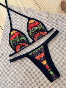 夏季泳装度假系列，几何印花挂脖三角比基尼系带高衩两件套，性感修身女士泳装，系带比基尼套装，异域印花比基尼，沙滩度假时尚泳衣套装 - 彩色 - 查看 4