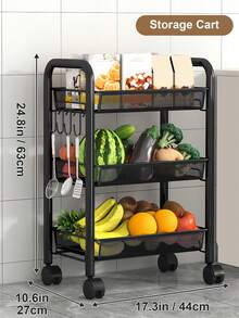 Storage Cart With Drain Basket, Mobile Shelving Unit Rolling Utility Cart, Rolling Cart, Rolling Pantry Organizers, Kitchen Organizer, Organization For Living Room, Bathroom, Kitchen Office, Black - 黑色 - 查看 14