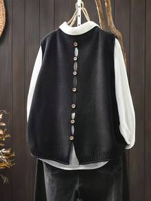 Loose Fit Back Button Round Neck Knit Vest, Layering Sleeveless Top Black - Black - View 2