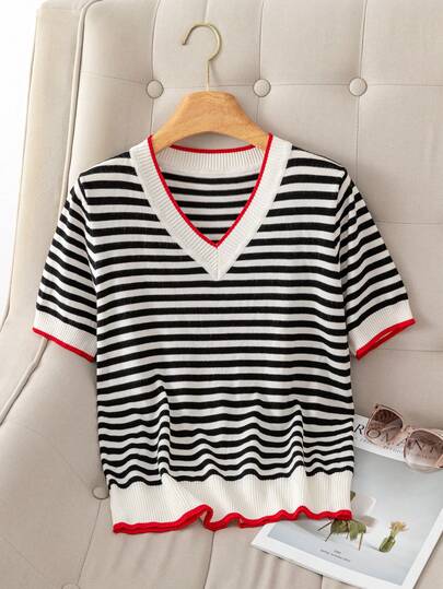Colorblock Striped V-Neck Short Sleeve Knit Sweater. Classic V-Neck Design, Clean And Neat Lines. Short Sleeve Style Suitable For Spring And Summer. The Main Body Is In Black And White Horizontal Stripes, Creating A Visually Elongating Effect. The Neckline, Cuffs And Hem Are Decorated With Red Trim, Adding A Bright Accent Color. Made Of Knit Fabric With A Clear Texture, Soft And Breathable. Relaxed Fit With Good Tolerance For Various Body Types.