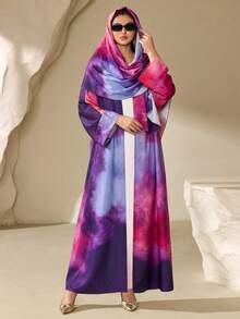 女士时尚扎染印花端庄阿拉伯长袍套装，含围巾，优雅长袍套装，沙滩开衫夏季度假装，情人节装，优雅派对装，婚礼宾客装，生日装，度假装，春假装 - 彩色 - 查看 1
