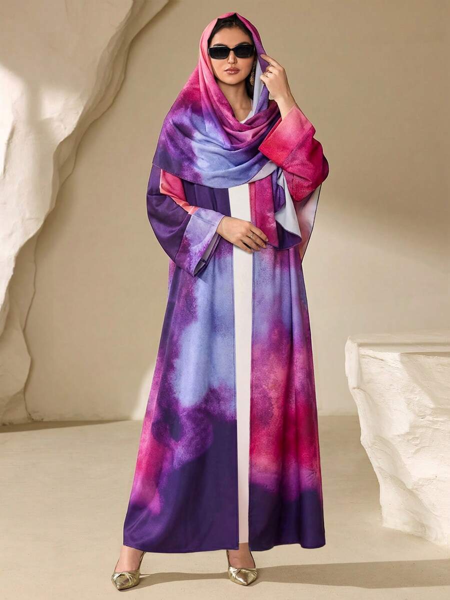 女士时尚扎染印花端庄阿拉伯长袍套装，含围巾，优雅长袍套装，沙滩开衫夏季度假装，情人节装，优雅派对装，婚礼宾客装，生日装，度假装，春假装 - 彩色 - 查看 1