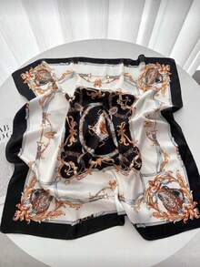 1pc 70*70cm Square Scarf, Women's Satin Printed Headscarf, Bag Scarf, Headband, Fashion Women's Headwrap, Shawl, Scarf, Women's Neckerchief, Headscarf, Dress - Black and White Chain - View 3