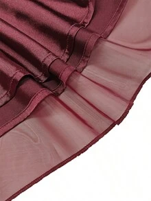 女士优雅雪纺拼接系腰灯笼袖中长连衣裙，酒红色，适合派对和休闲穿着，春夏款 - 酒紅色 - 查看 5