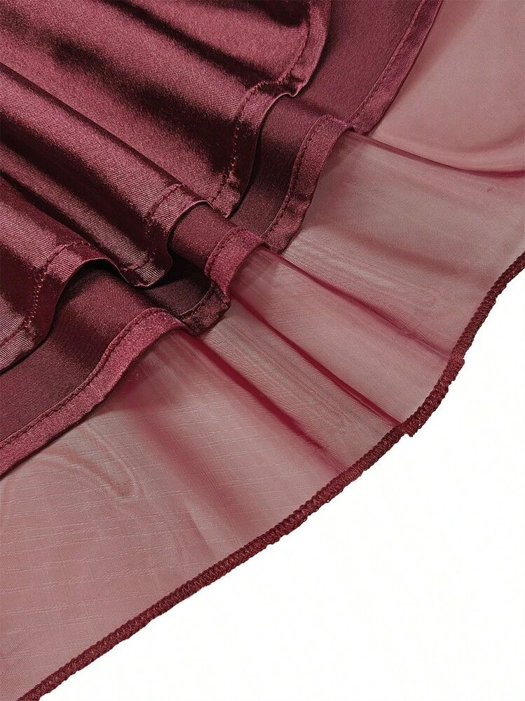 Vestido midi de mujer elegante de gasa con parches, cintura con lazo y mangas farol, color burdeos, adecuado para fiestas y uso casual, primavera/verano - Burdeos - Añade 5