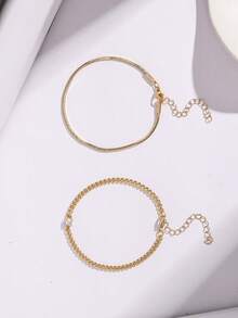 2pcs/Set Copper Blade Chain Layered Square Cubic Zirconia Bracelet Set For Men - Yellow Gold - View 4