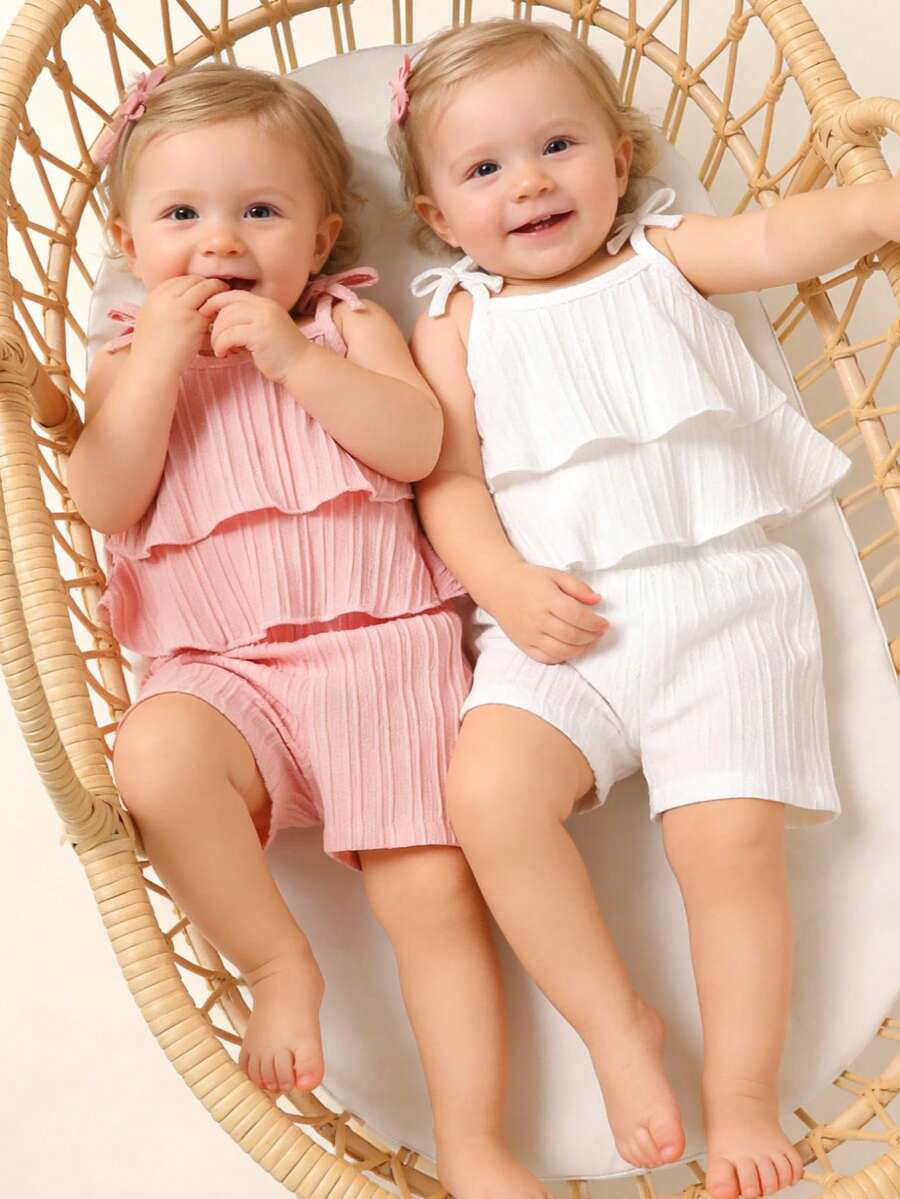 4pcs/Set Baby Girls' Soft & Comfortable Casual Elegant Outfit, Cute Versatile Knit Layered Ruffle Bow Strap Vest And Sports Shorts Set, Suitable For Infant/Toddler Girls, Ideal For Summer Daily Wear, Vacation, Party, Photo Shoot, Outdoor Activities - Multicolor - View 1