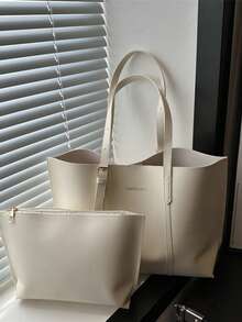 Bộ 2 túi xách cỡ lớn màu trơn, gồm túi đeo vai và ví cầm tay, được làm từ da PU, phù hợp cho nữ giới sử dụng hàng ngày, đi làm và mua sắm, cũng lý tưởng cho mẹ và con gái, món quà tuyệt vời nhất cho Ngày của Mẹ. - Màu be - Xem 1