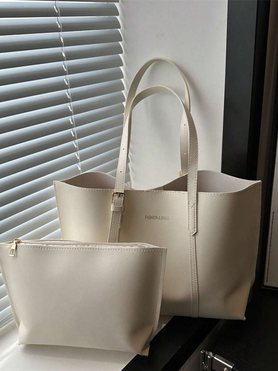 Bộ 2 túi xách cỡ lớn màu trơn, gồm túi đeo vai và ví cầm tay, được làm từ da PU, phù hợp cho nữ giới sử dụng hàng ngày, đi làm và mua sắm, cũng lý tưởng cho mẹ và con gái, món quà tuyệt vời nhất cho Ngày của Mẹ. - Màu be - Xem 1