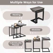 GYMAX Set Of 3 Nesting Tables, Industrial Stackable Coffee Snack Table Laptop Desk, Home Office C-Shaped Side End Table - Grey - View 9