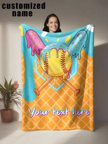 1pc Customizable Baseball Themed Fleece Blanket, Featuring Ice Cream, Sprinkles, And Waffle Texture Design, Soft & Comfortable, Machine Washable, Digital Printed Polyester Fabric, Suitable For Sofa, Bed, Travel, Camping, Living Room, Office, Seats - Great Gift For Family And Friends - Multicolor - View 2