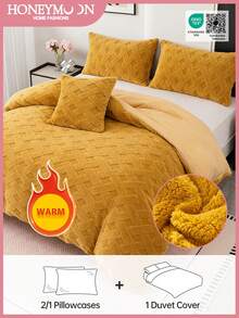 Conjunto de capa de edredom em sherpa jacquard (2/3 peças), macio e quente, com acabamento jacquard para uma textura superior, perfeito para um quarto aconchegante. Inclui 1 capa de edredom e 1/2 fronhas. Não inclui enchimento para travesseiro. Lavável à máquina. Certificado Oeko-Tex. - Ouro - Ver 1