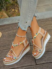 1 par de sandalias planas con cuña de suela gruesa y estilo retro tejido con 3 flores para adolescentes - Multicolor - Ver 4