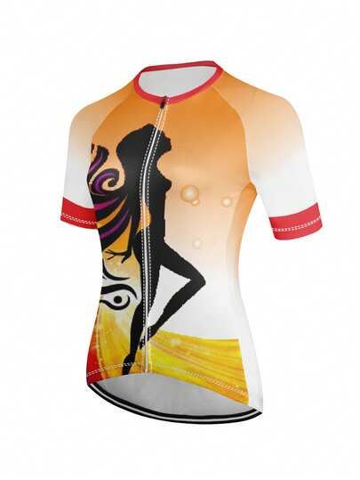 Women's Short Sleeve Cycling Jersey, Made Of Polyester, Cartoon Pattern, Round Neck, Raglan Sleeve, Regular Length, Breathable, Reflective, 3 Rear Pockets, Suitable For Mountain Bike And Road Bike