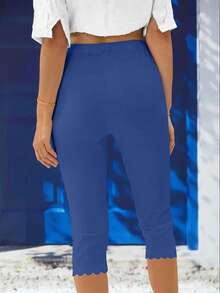 Women's Casual Elastic Capri Leggings, Solid Color Knit Polyester With Asymmetric Hem And Stretchy Waist, Suitable For Spring/Summer, All Season Base Layer Tights - Blue - View 3