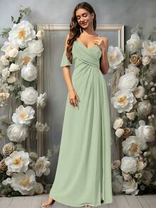 Volly Toych Elegant V-Neck A-Line Long Chiffon Bridesmaid Dress, Suitable For Wedding Guests, Autumn - Celadon - View 1