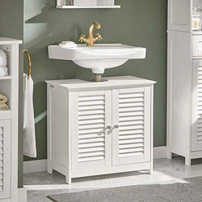Haotian Mueble para Baño Lavabo para Baño con Mueble Pequeño Lavabo Ahorro de Espacio Suelo Armario para Lavabo con Estantes y Puertas Drenaje de Pared Blanco FRG237-W