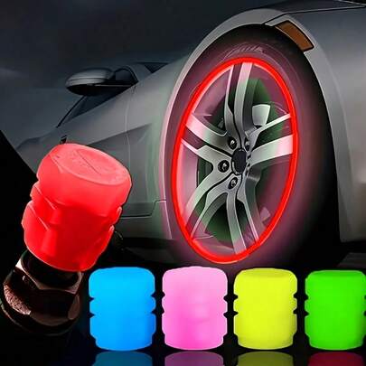 4-Pieces Car, Bike, And Motorcycle Glow-In-The-Dark Tire Valve Stem Caps - Hexagonal Durable ABS Material For Enhanced Night Visibility And Safety