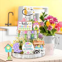 12Pcs Tiered Tray Decorations Set Spring Themed Wooden Table Sign Centerpiece For Desktop Shelf Home Supplies - 多彩的 - 查看 2