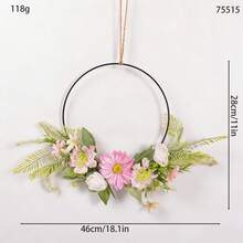 1 pieza Corona floral artificial, corona de aro floral de primavera/verano, corona circular de hierro con flores y hojas artificiales, decoración de bienvenida para pared, puerta, ventana, decoración del hogar, adorno colgante para boda - Multicolor - Ver 26