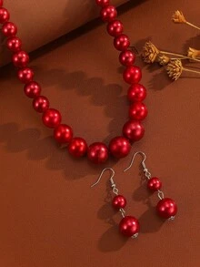 Exaggerated Multi-Layer Catkin Handmade Beaded Faux Pearl Necklace, Retro Casual Sweater Chain, Earrings - Red - View 10