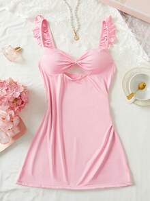 女士性感粉色内衣，浪漫修身腰部和褶皱胸部设计，镂空下摆，蝴蝶结装饰，荷叶边点缀，露背性感睡衣，情人节礼物 - 粉色 - 查看 7