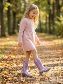 Kids Embroidered Western Style Pointed Toe Chunky Heel Side Zipper Mid-Calf Fashion Boots, Children's Purple Long Boots - Purple - View 9