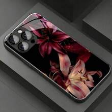 1pc Elegant Lily Flower Pattern Glass Material Phone Case, High-End Atmospheric, Suitable For IPhone 17/Air 16/15/14/13/12/11/Pro/ProMax/X/XR/XS/XSMAX, Tempered Glass Material - Black - View 3