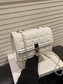 Modische einfarbige gesteppte quadratische Ketten-Schultertasche, multifunktionale Abendclutch, leichte neue Handtasche & Geldbörse, geeignet für den täglichen Arbeitsweg als Umhängetasche, ideale Wahl für Büroangestellte, lässiger Münzbeutel - Weiss - Übersicht 3