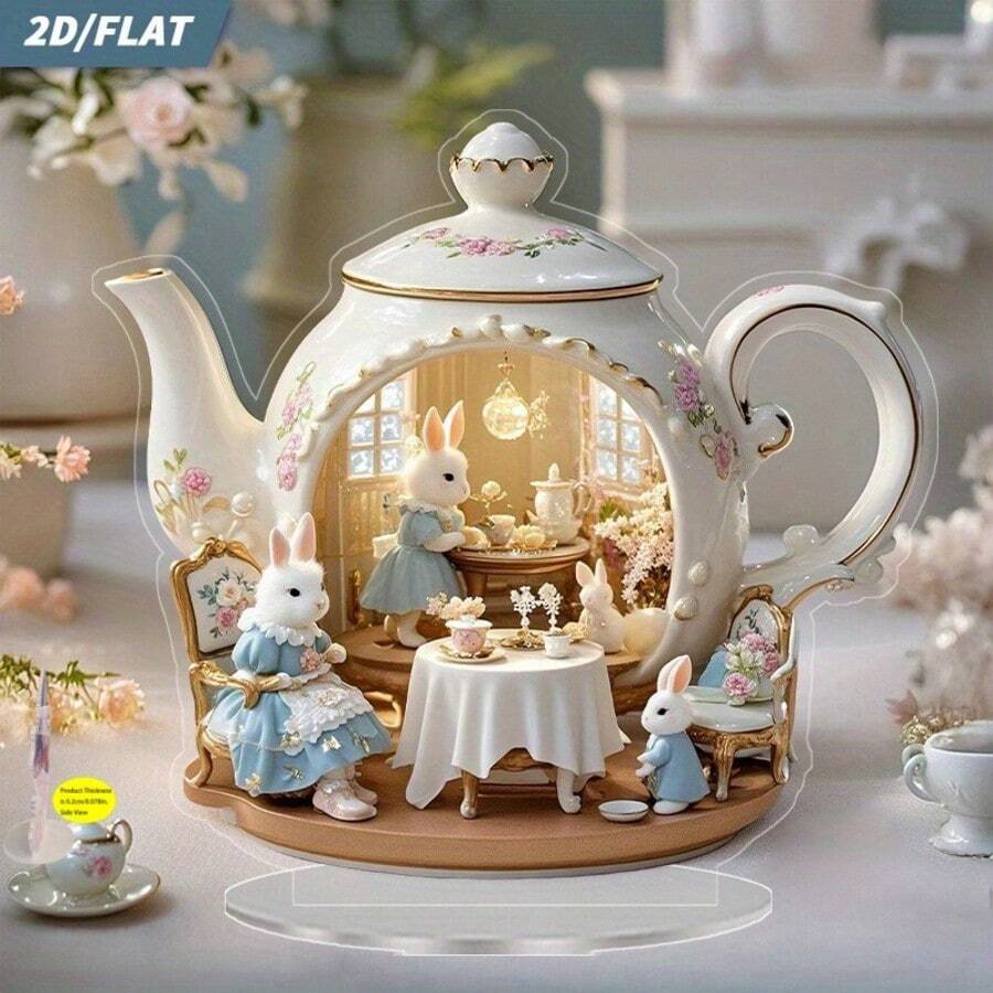 1 mô hình gia đình thỏ 2D phẳng đang thưởng thức trà chiều, thích hợp để trang trí bàn, đa năng cho lễ Phục sinh, nhà cửa và văn phòng, món quà lý tưởng. - Nhiều màu - Xem 1