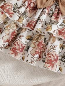 两件套女婴棕色圆领无袖荷叶边上衣和花朵蝴蝶结多层蛋糕裙套装，面料柔软，设计可爱 - 棕色 - 查看 7