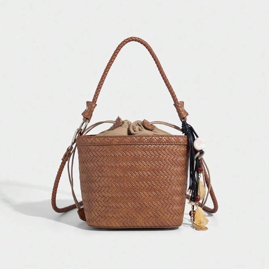 Woven Bucket Crossbody Bag – Bohemian Vintage Drawstring Purse For Women - Brown - View 1