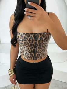 Camiseta de tirantes con lentejuelas de calidad, suave y cómoda, con estampado de leopardo vintage, elegante y casual, ideal para ir y venir, fiestas, bodas, cumpleaños, festivales de música country y talla grande ocasiones - Negro - Ver 5