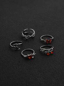 5pcs/Set Dark Thorn Rhinestone Butterfly & Heart Wing Street Style Rings - Gun Black - View 5